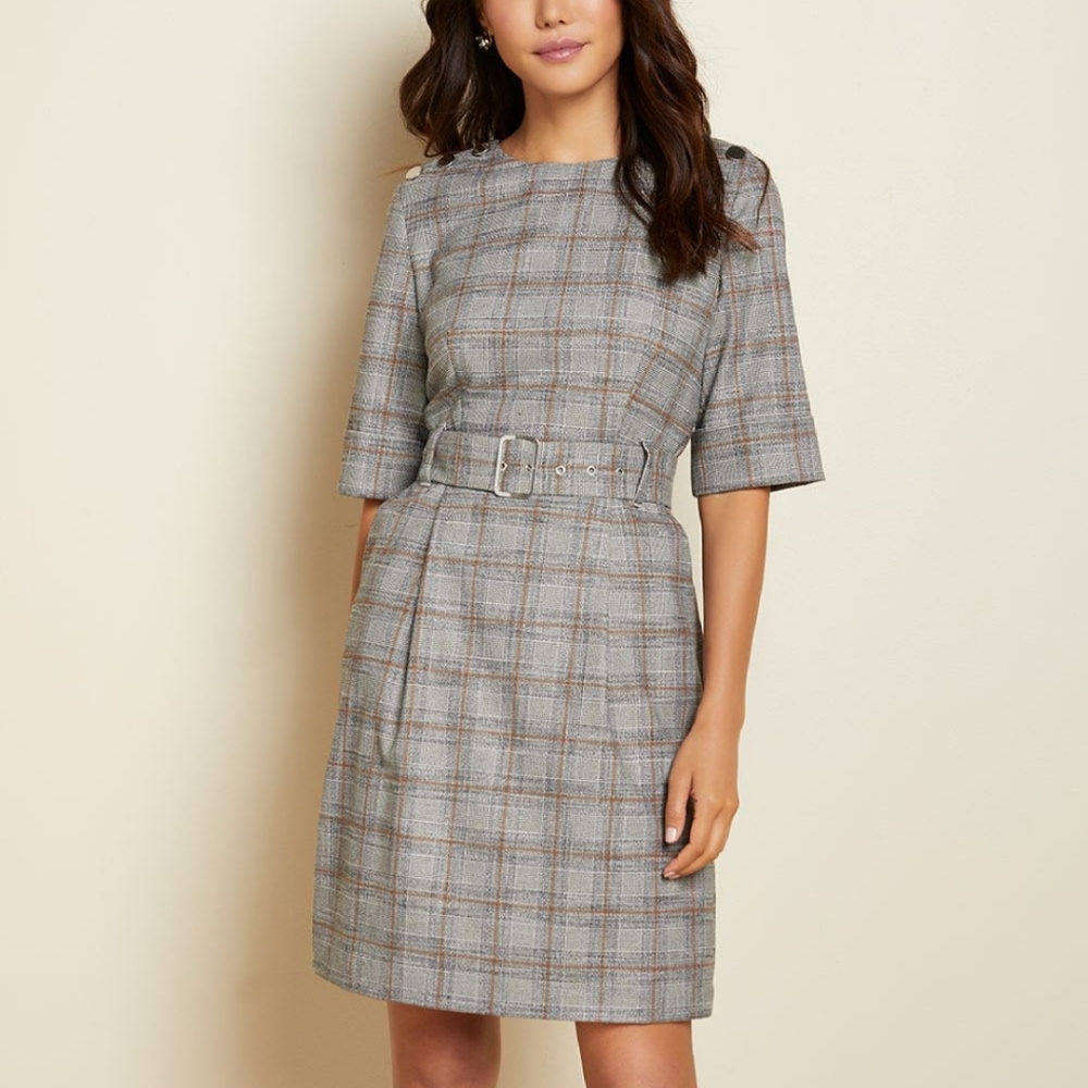 RW&CO Belted Half Sleeve Flannel Plaid Dress